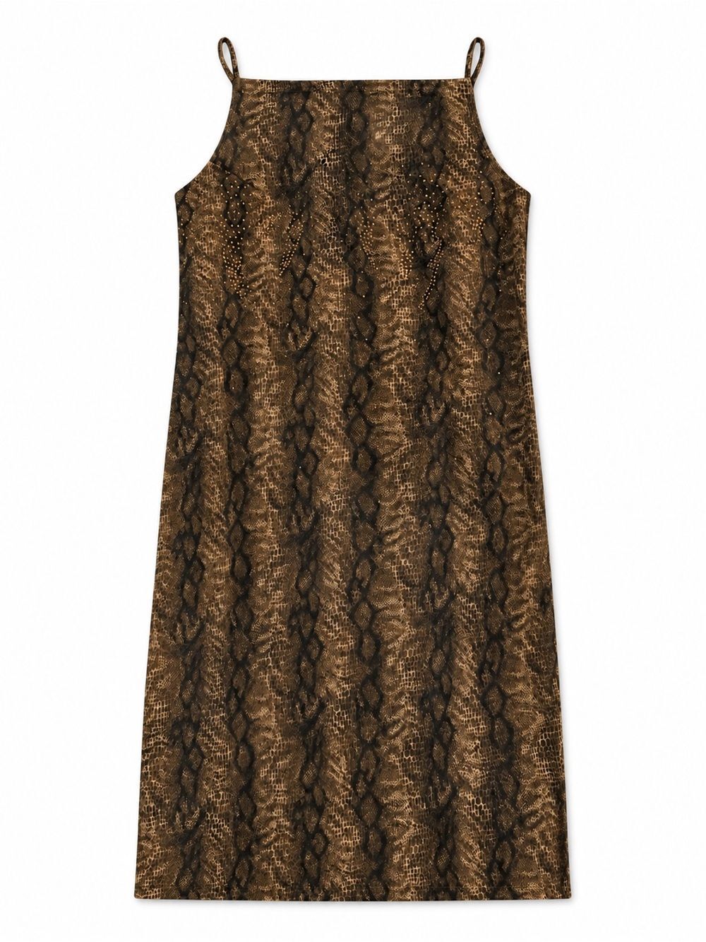Y2K CDC Women’s Size 8 Brown Snakeskin Print Midi Dress Rhinestone Stretch
